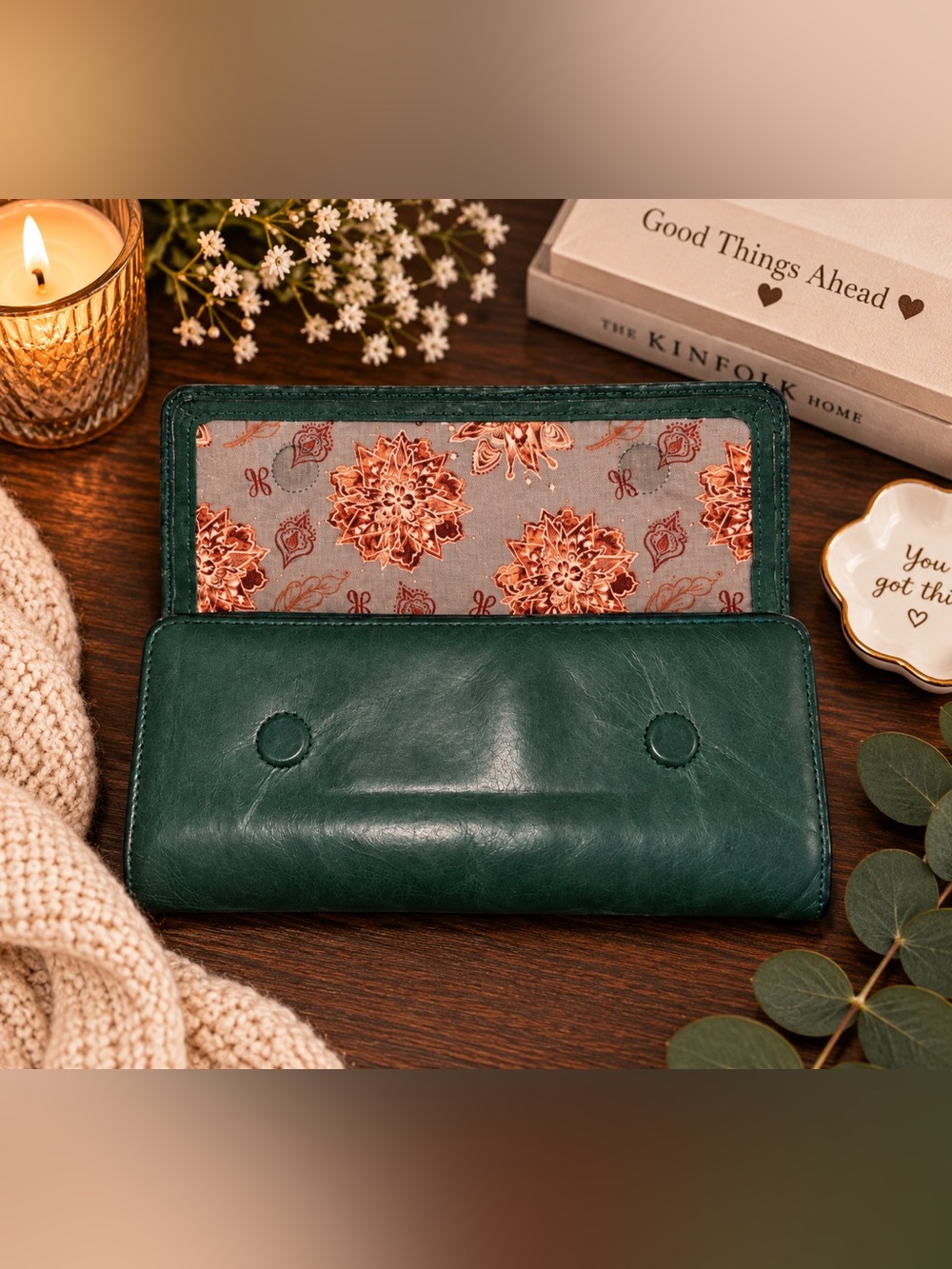 HOBO Dark Green Leather Continental Wallet with Floral Lining - Picture 3 of 4